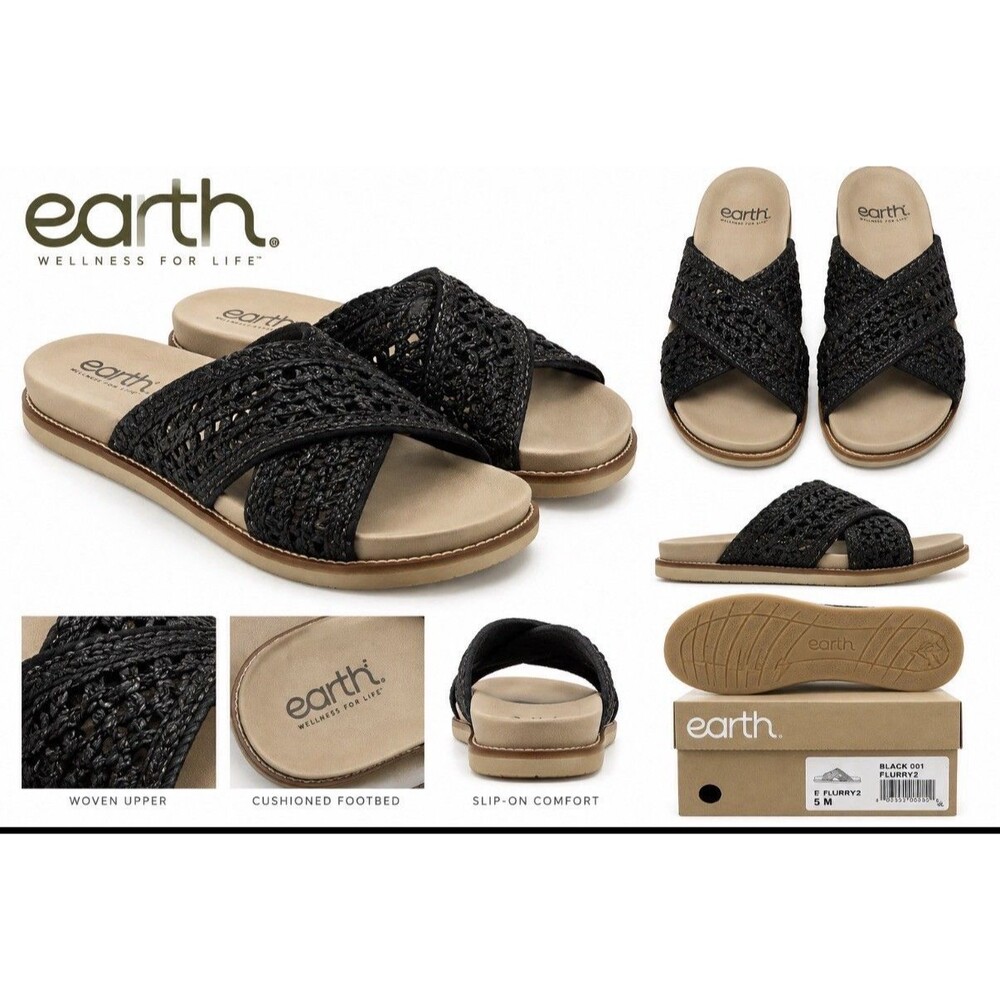 Earth Flurry2 Women’s 9 Black Woven Slip-On Comfort Sandals NEW IN BOX